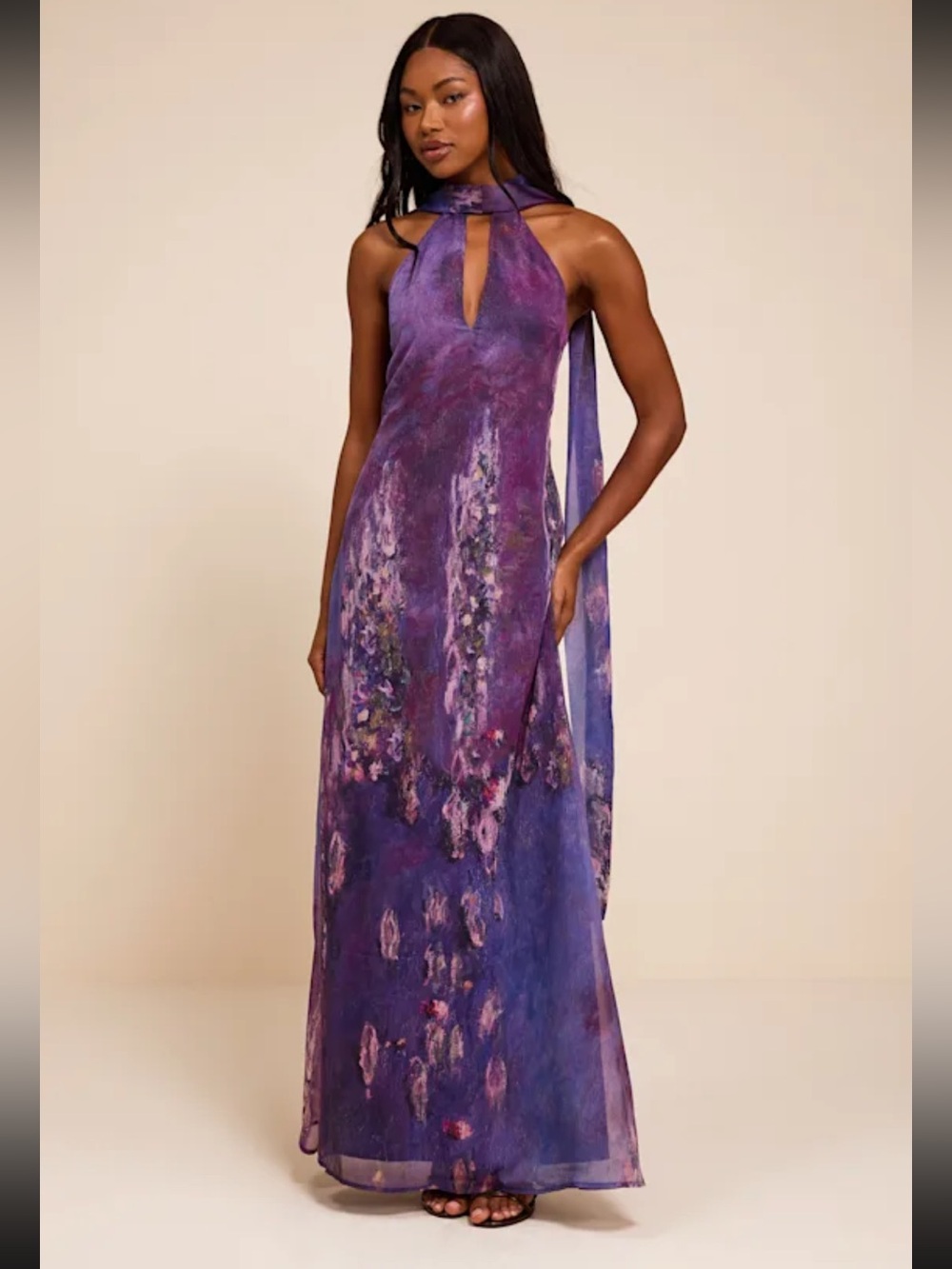 Calixta Purple Abstract Chiffon
Sash Shift Maxi Dress